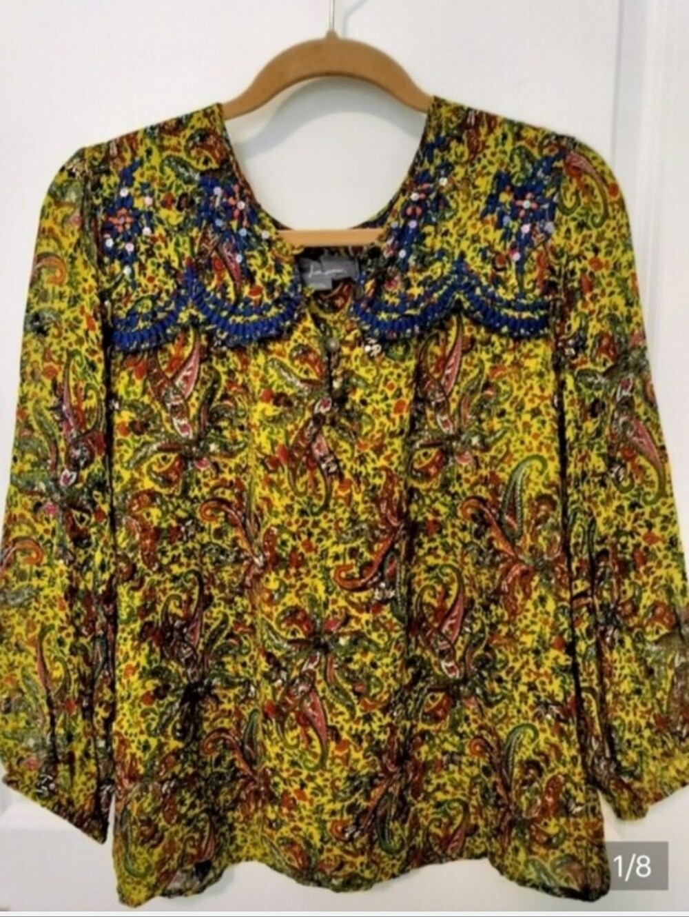 Anthropology Women's M Boho Yellow Paisley Embellished Collar Blouse